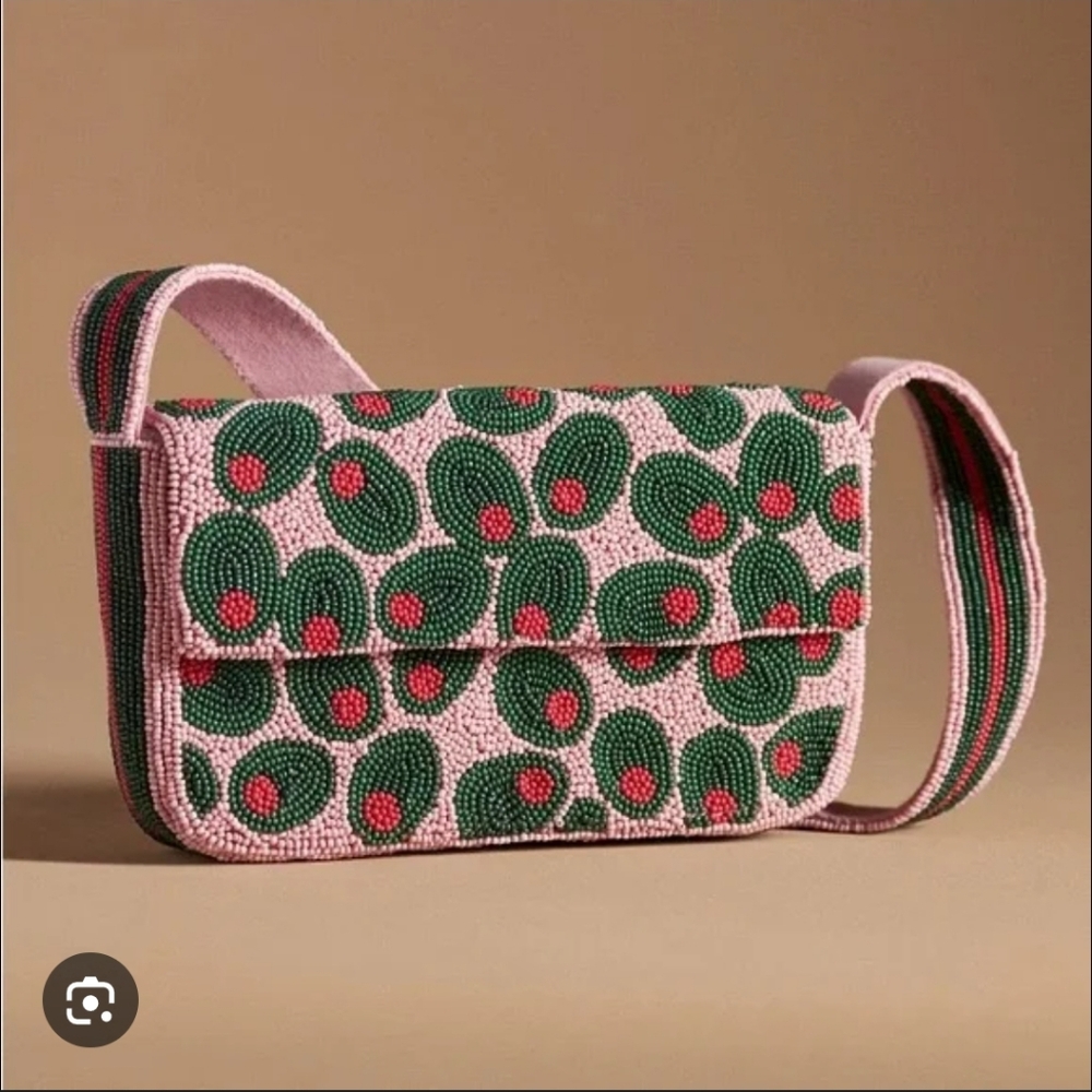 NEW. Anthropologie Olive and Pink Beaded Shoulder Bag